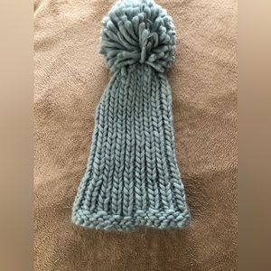 Blue Fluffy Crochet Hat with Large Puff Ball